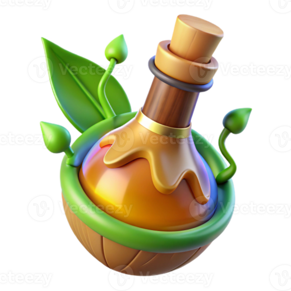 3D Render of Honey Potion Bottle with Leaves, Game Asset, Fantasy Elixir, Magical Brew, Herbal Remedy, Cartoon Style, Game Design Element, Digital Illustration png