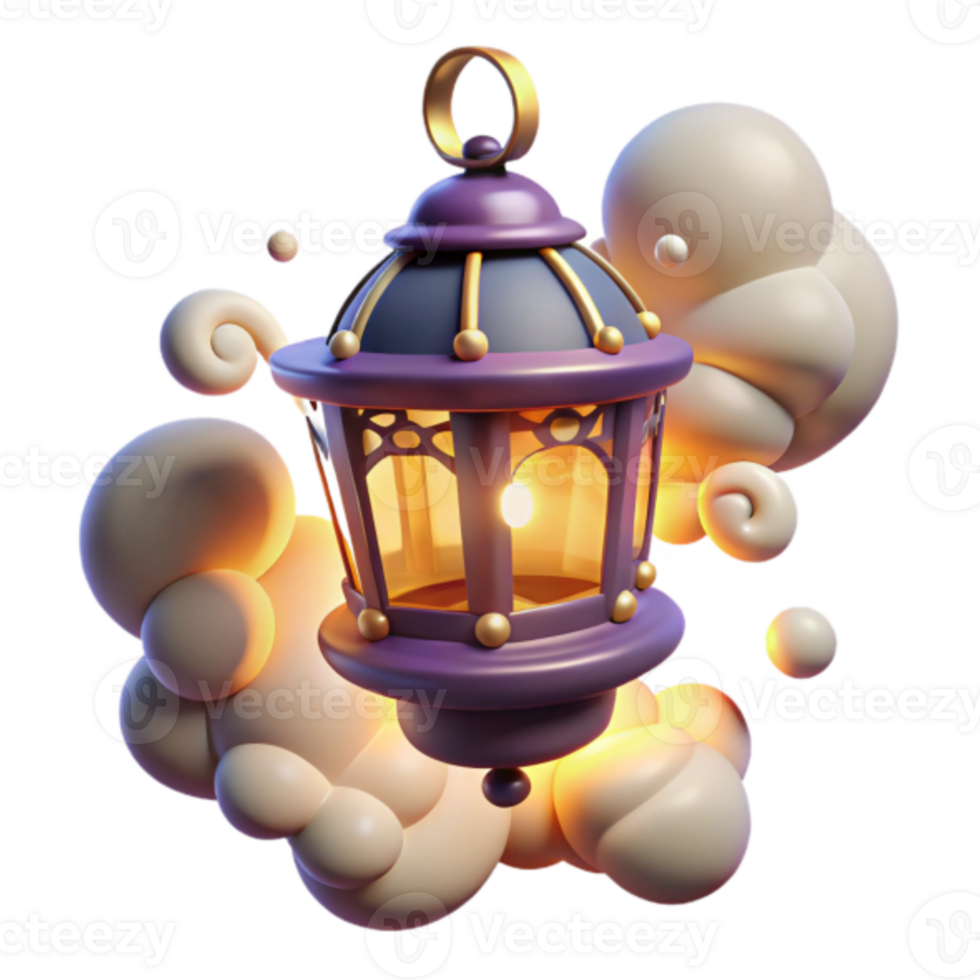 Illuminated 3D Lantern Illustration Glowing in Abstract Cloud Background png