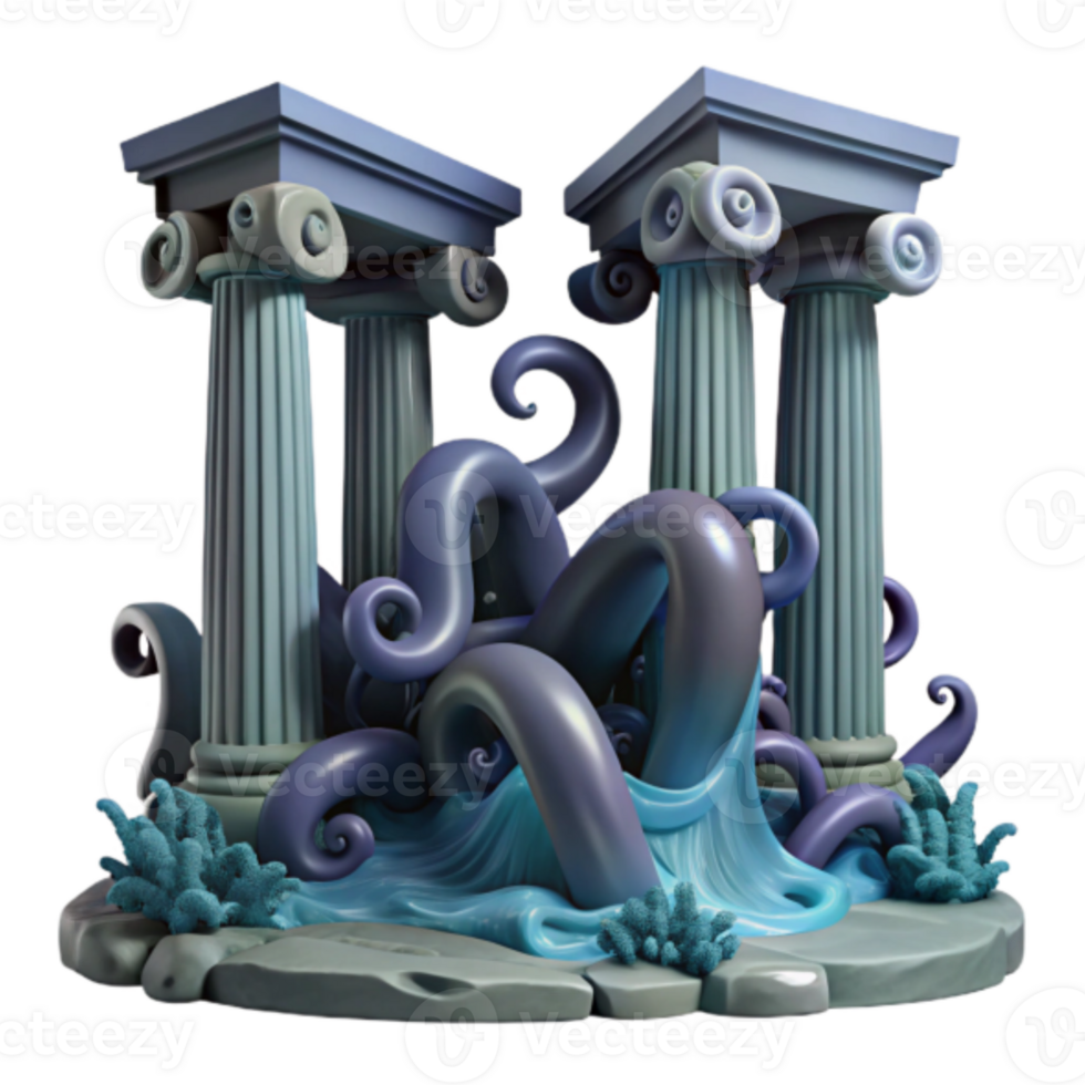 3D Render of Kraken Emerging from Ocean near Ancient Greek Columns png