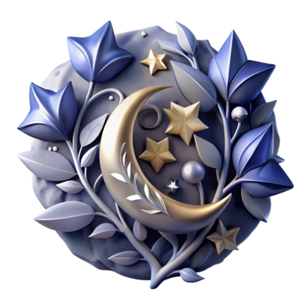 3D Illustration Night Bloom Crescent Moon Stars Botanical png