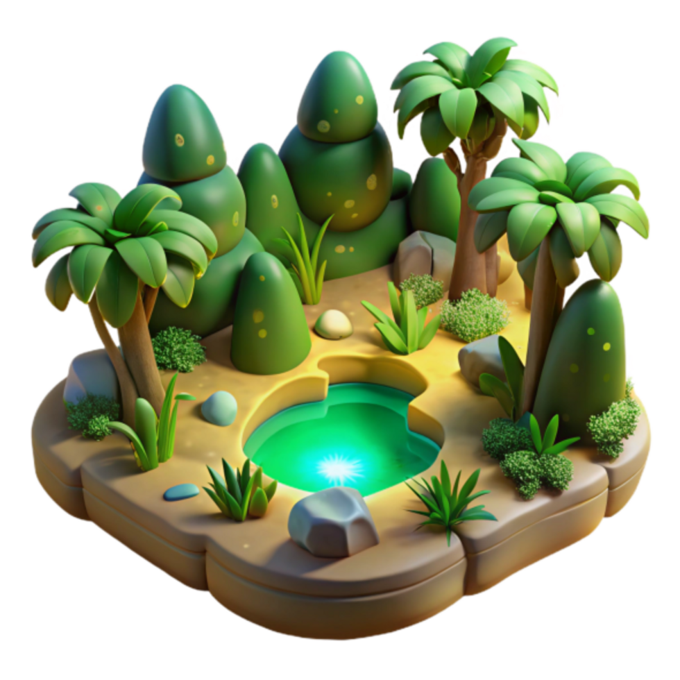 3D Oasis Illustration Lush Green Island with Palm Trees and Pond png