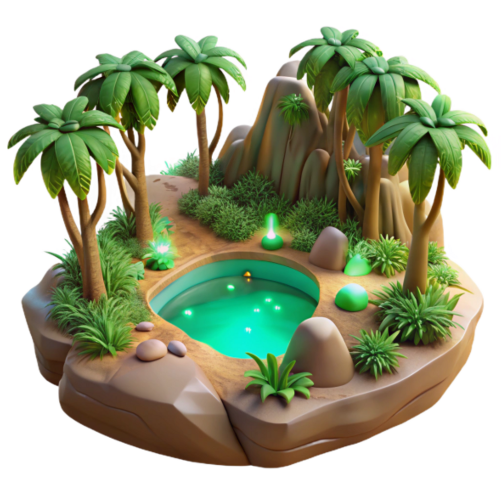 Luminous Oasis 3D Render Idyllic Island with Palm Trees and Glowing Pool png