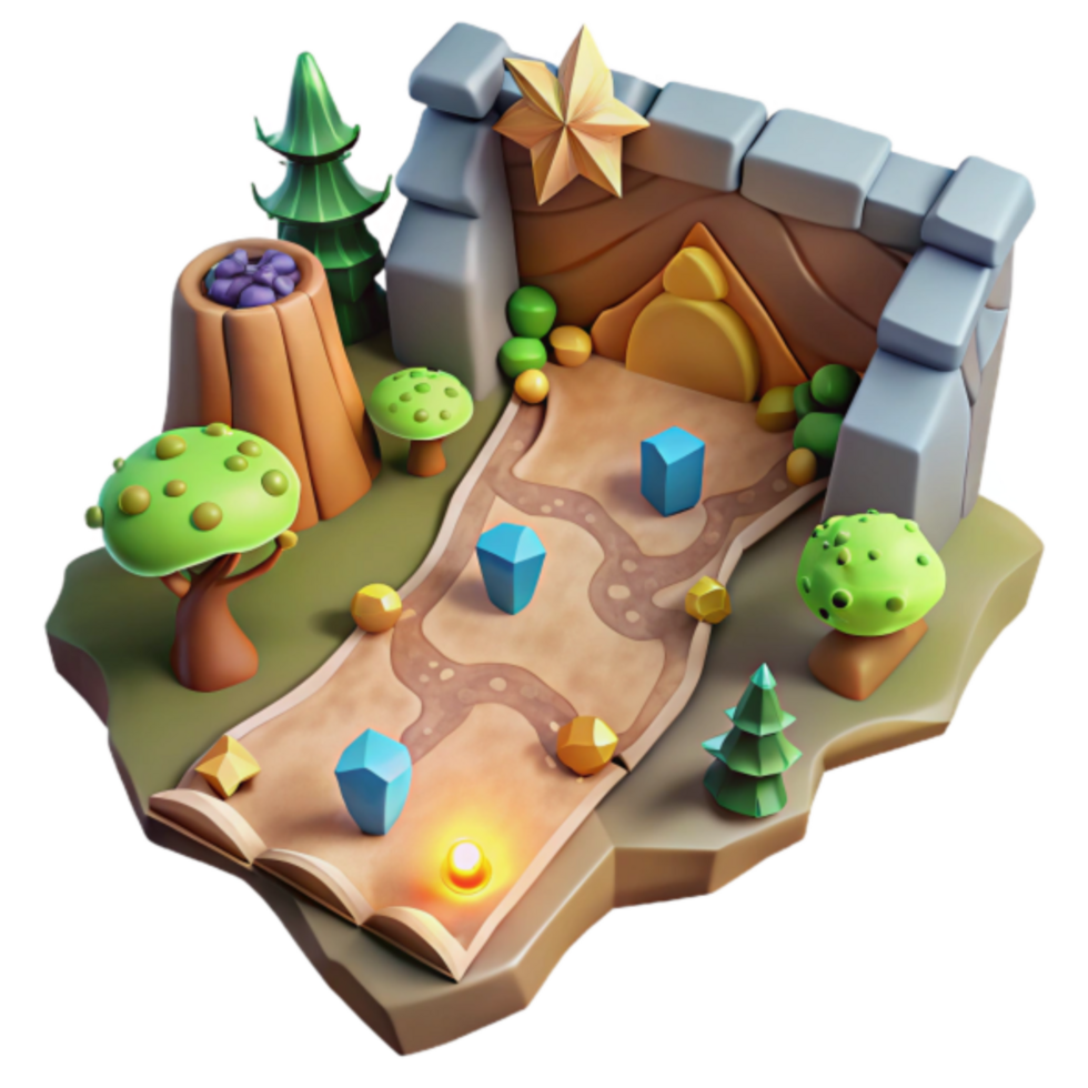 Enchanted 3D Fantasy Game World Illustration A Magical Journey Path with Gems and Trees png