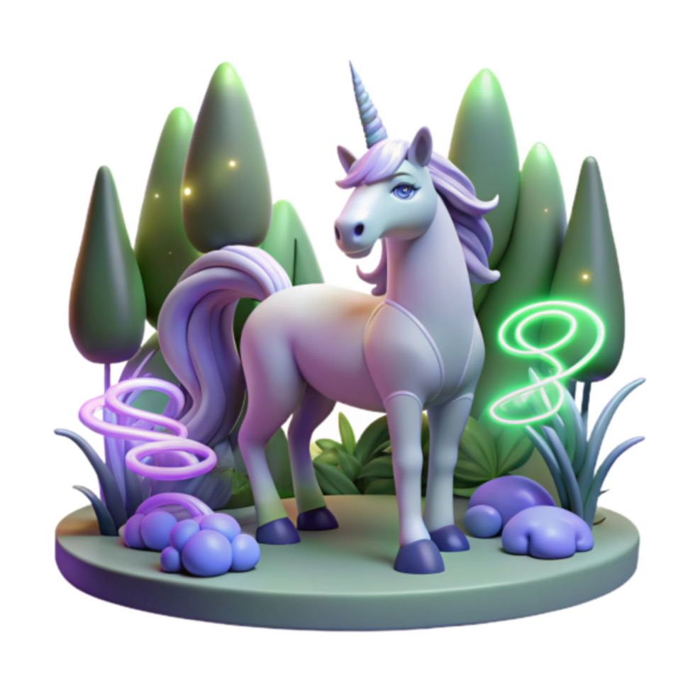 Enchanted Unicorn in 3D Rendered Fantasy Forest Scene png