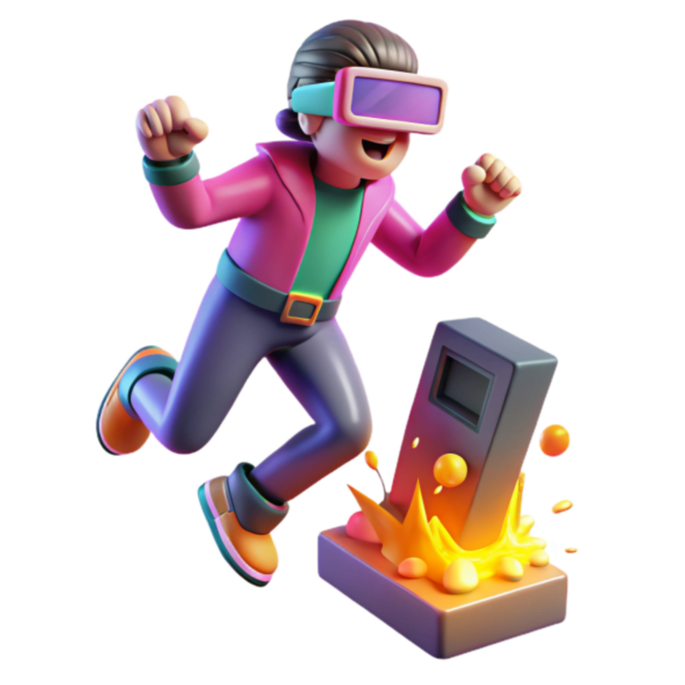 Joyful 3D Render of a Person in VR Headset Jumping over Retro Device png