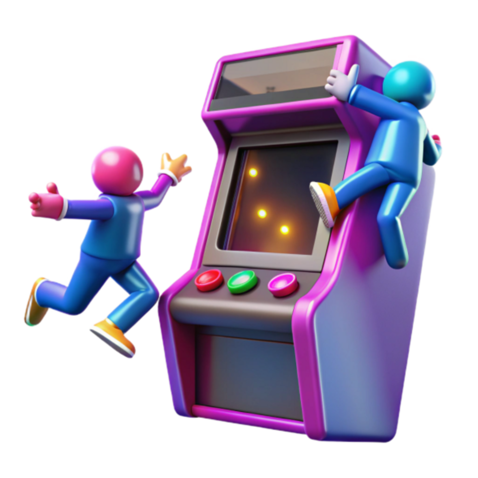 3D Render of Joyful Characters Playing Retro Arcade Game png