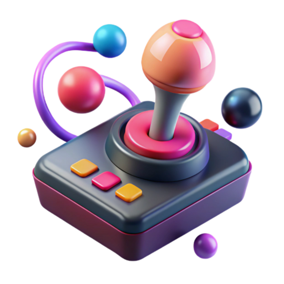 Vibrant 3D Render of Retro Joystick with Colorful Spheres png