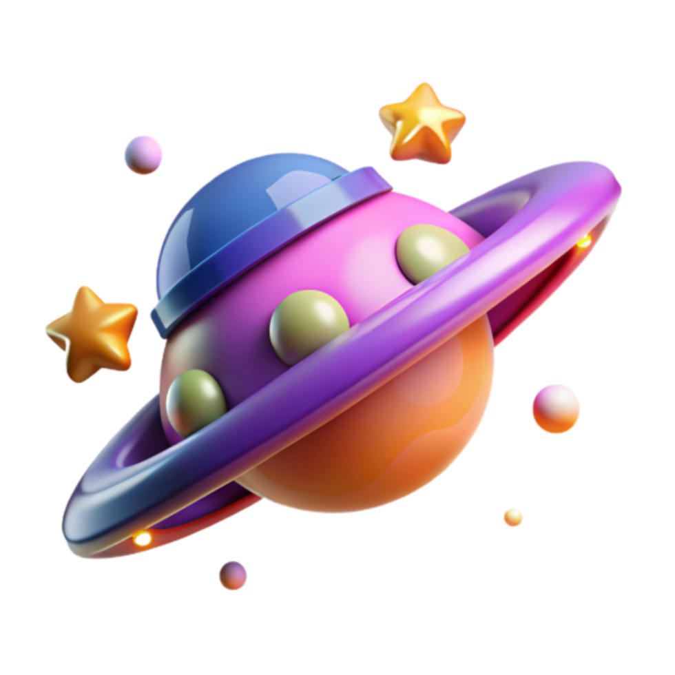Colorful 3D Render of a Cartoon Planet with Rings and Stars png