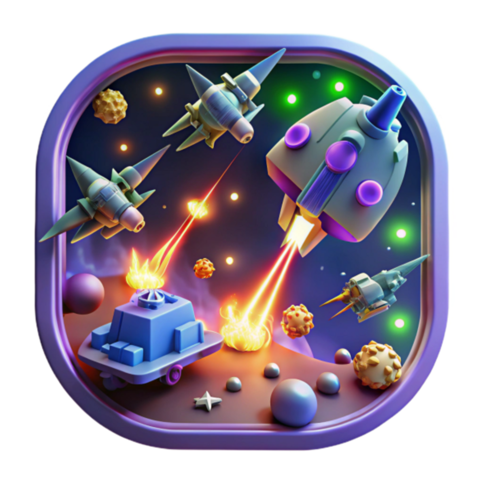 3D Illustration Epic Space Battle Game App Icon Design, Spaceships, Asteroids, and Intense Action png