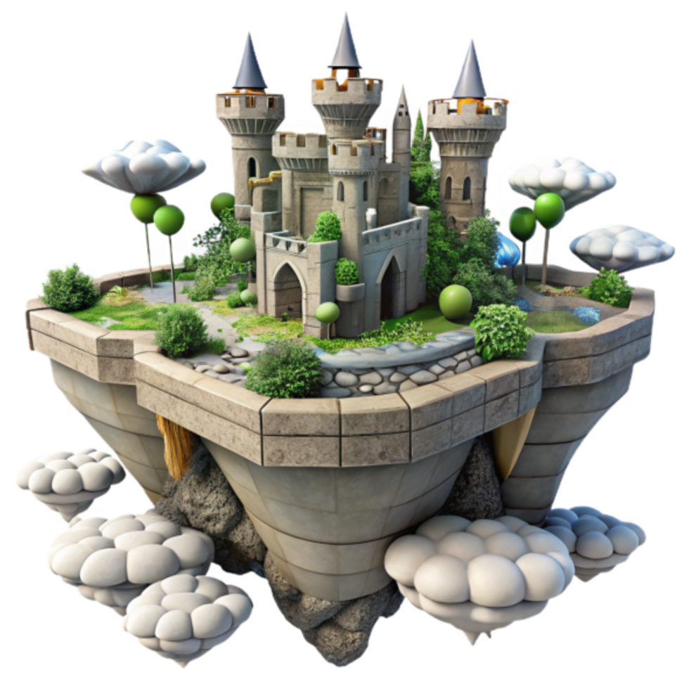 Fantasy Island Castle 3D Illustration A Fairytale Kingdom in the Clouds png