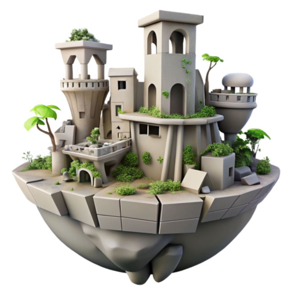 Fantasy Island 3D Render Overgrown Ruins, Floating Citadel, Stylized Architecture, Lush Vegetation, Game Asset, Circular Island, Stone Structures, Towering Buildings, Detailed Model png