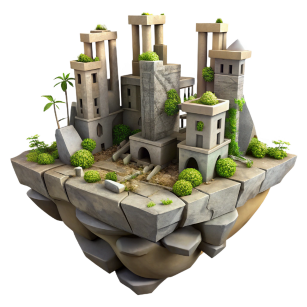 3D Render of a Floating Island Ancient Ruins, Stone Architecture, Lush Greenery png