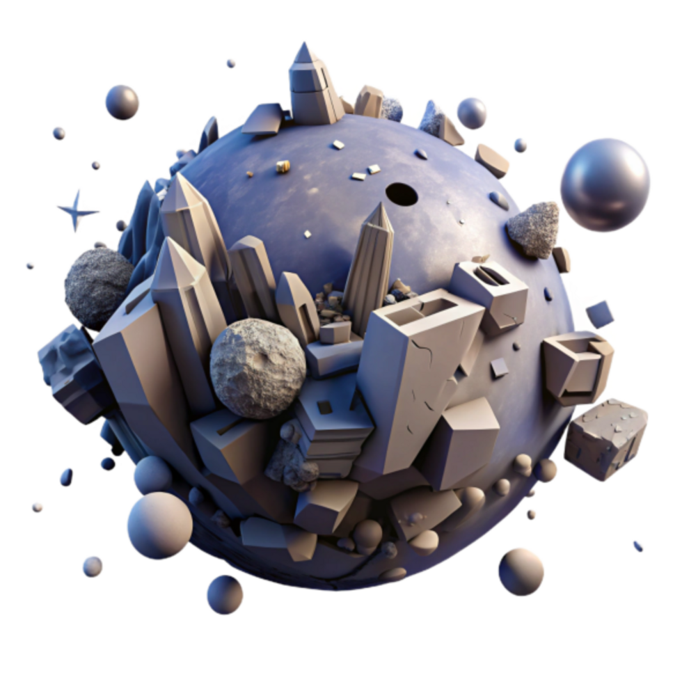 3D Render of a Geometric Planet Abstract World of Crystalline Structures and Stone Fragments png