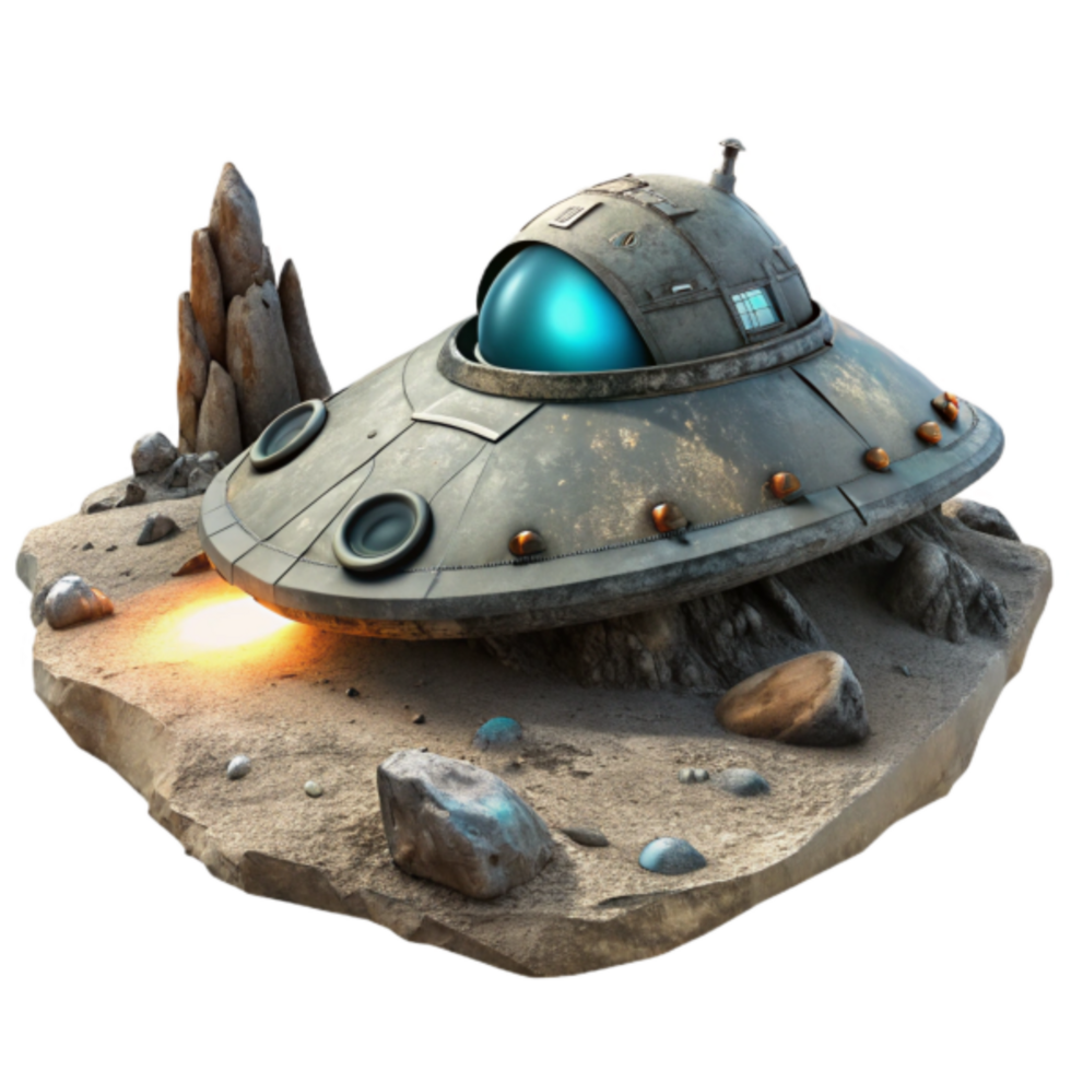 Vintage Spaceship 3D Render Alien Craft Landing on Desolate Planet png