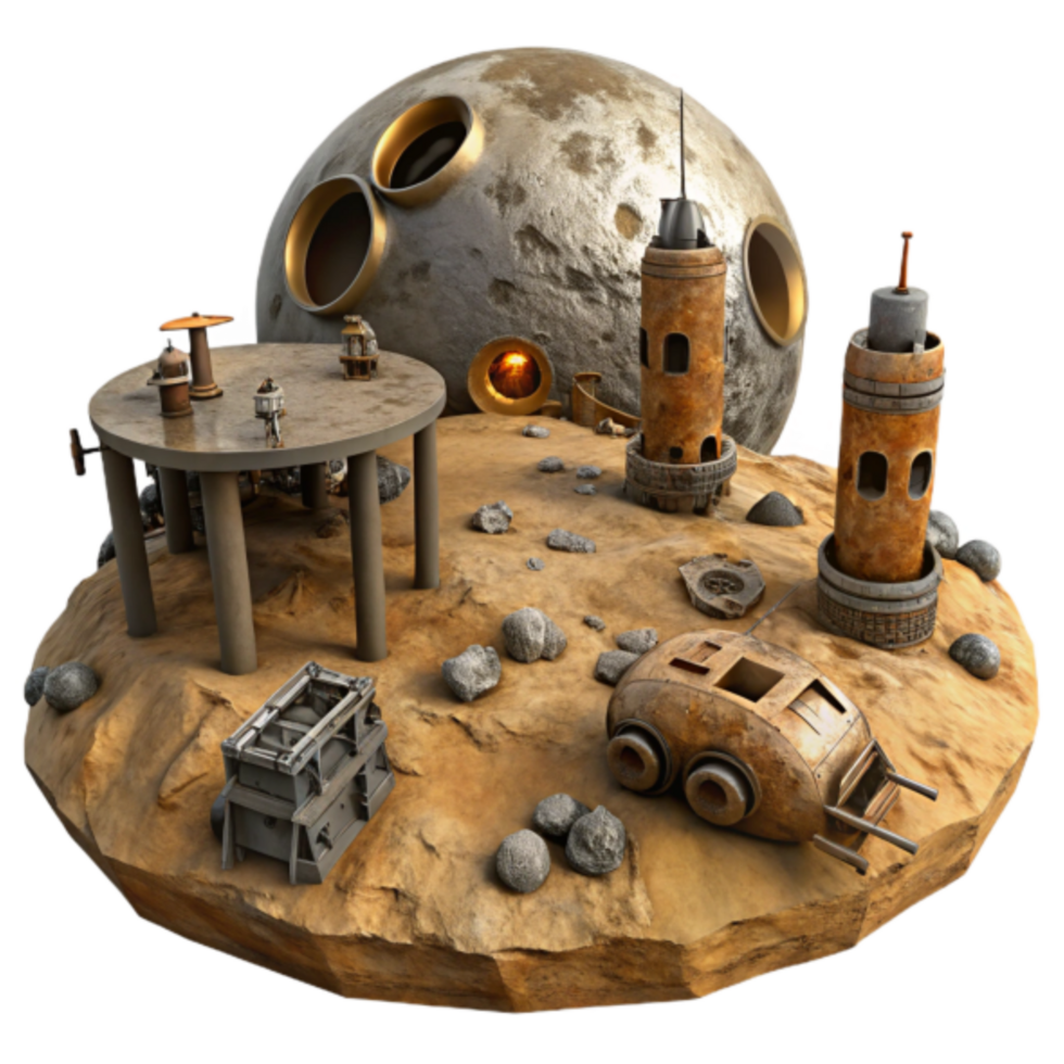 3D Render Lunar Outpost Rusty Towers, Robotic Vehicle, and Moon Base Illustration png