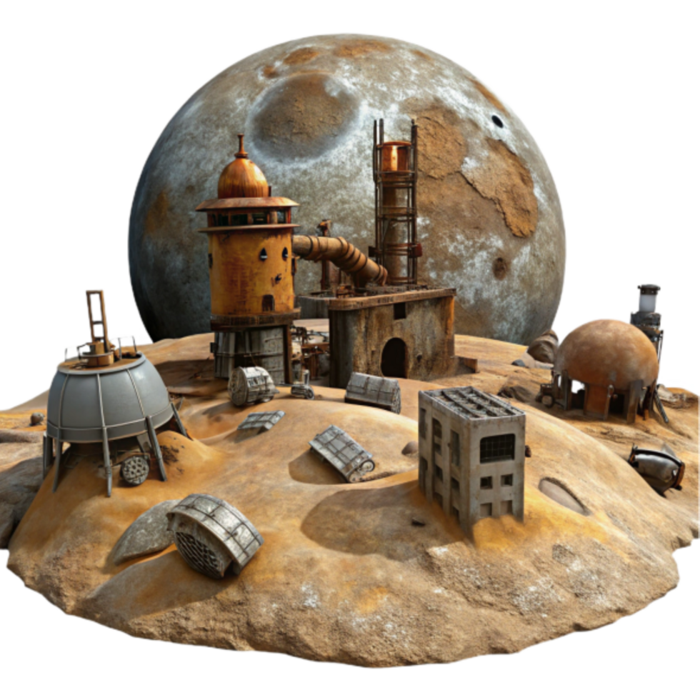 3D Render of a Lunar Industrial Colony Rusty Structures on a Cratered Moon png