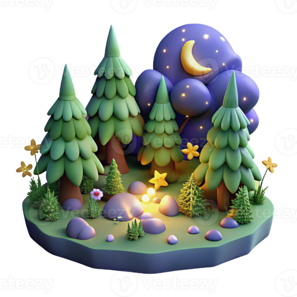 Nighttime Forest Scene with Moon and Stars png