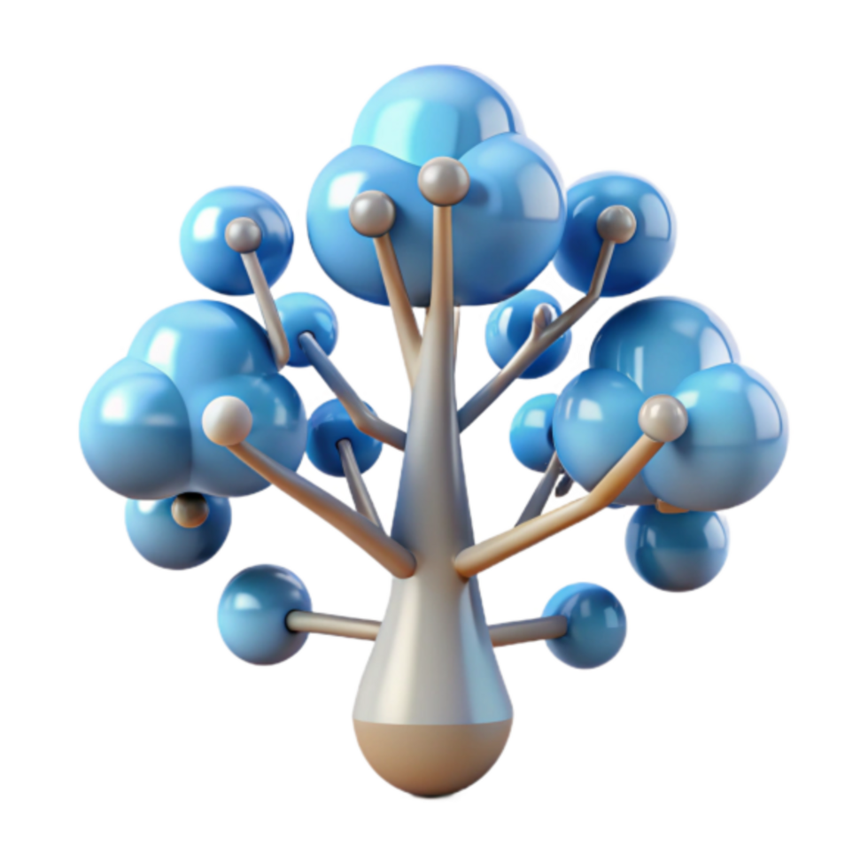 Abstract 3D Render of a Stylized Tree with Blue Spheres and Beige Trunk png