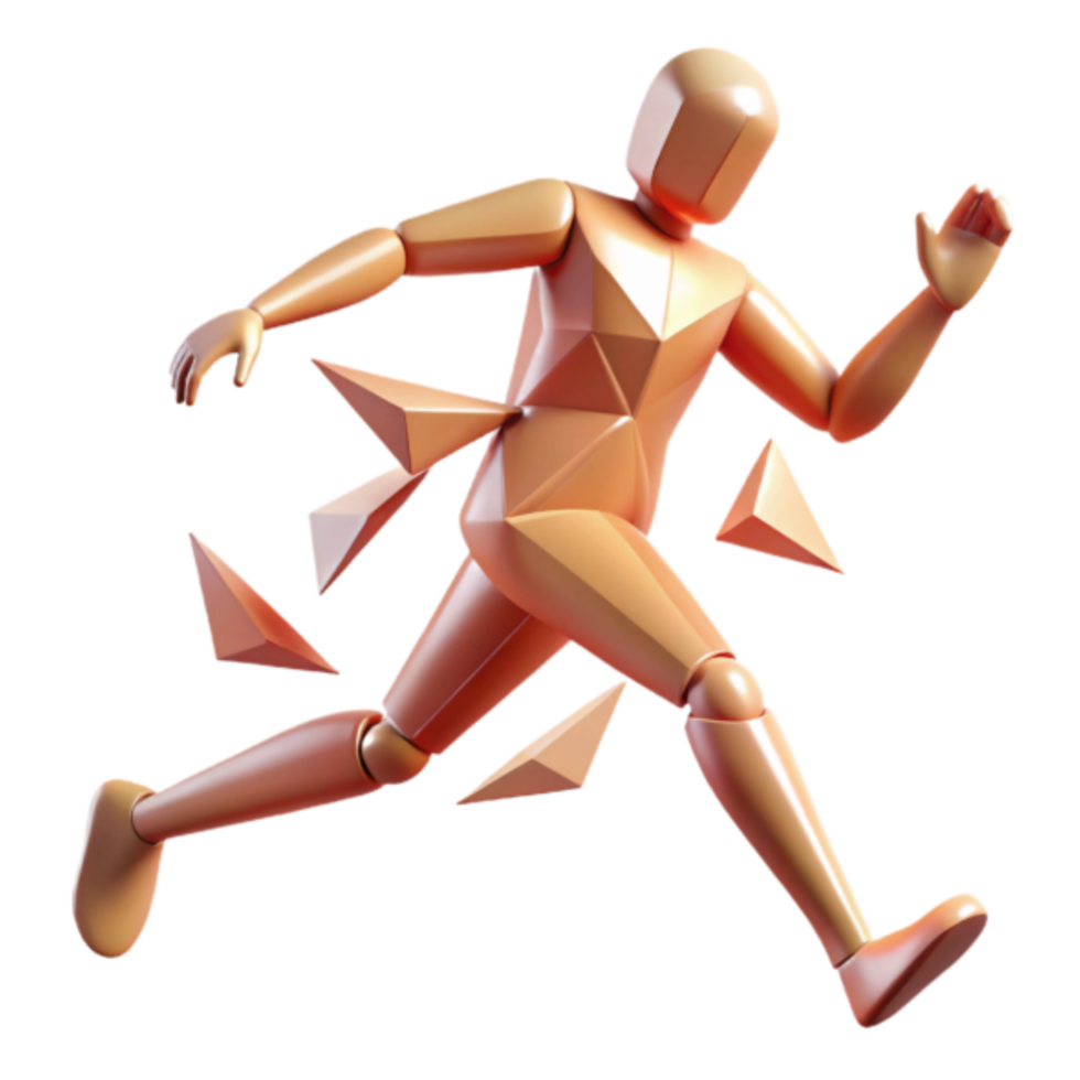 Abstract 3D Illustration of a Running Figure Disintegrating into Geometric Fragments png