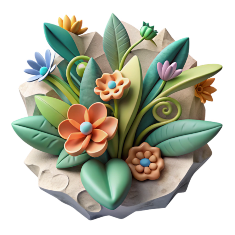 3D Render of Whimsical Flower Arrangement on Stone png