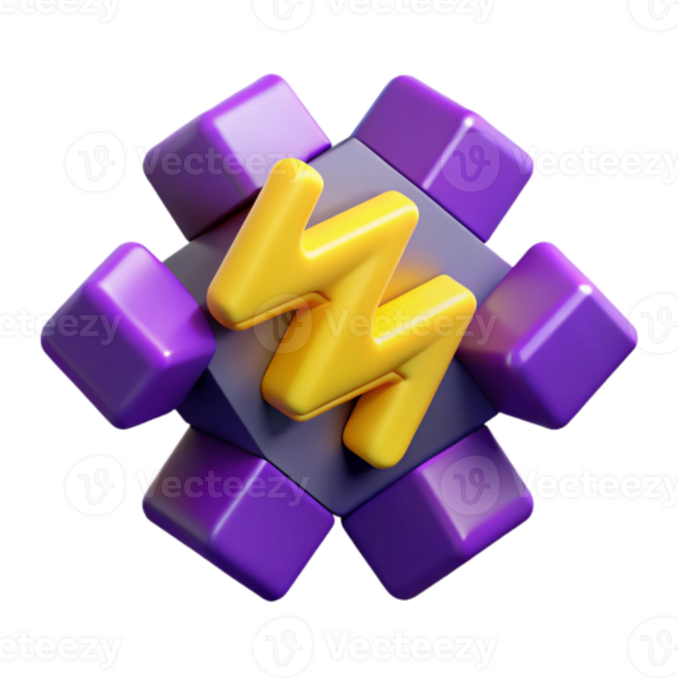 3D Render Purple Cubes and Yellow Lightning Bolt Abstract Background png