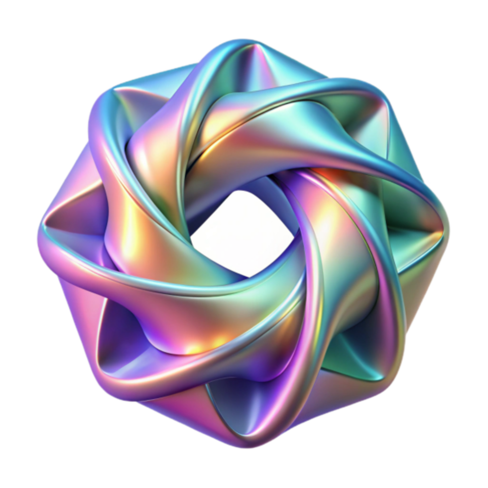 Iridescent 3D Abstract Geometric Shape, Colorful Twisted Knot Design, Digital Render, Rainbow Hues, Modern Art Illustration png