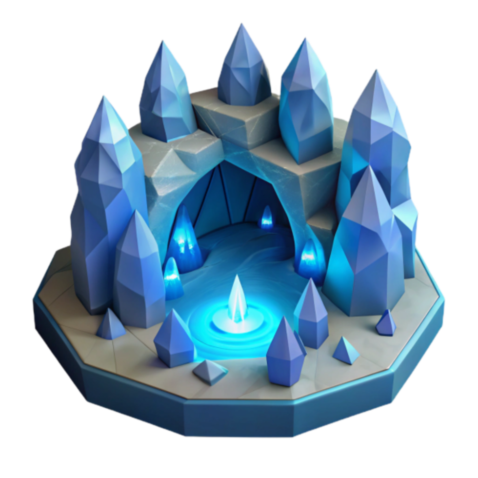 Enchanted Ice Cave 3D Render Crystalline Structures, Glowing Blue Pool, Fantasy Game Asset png