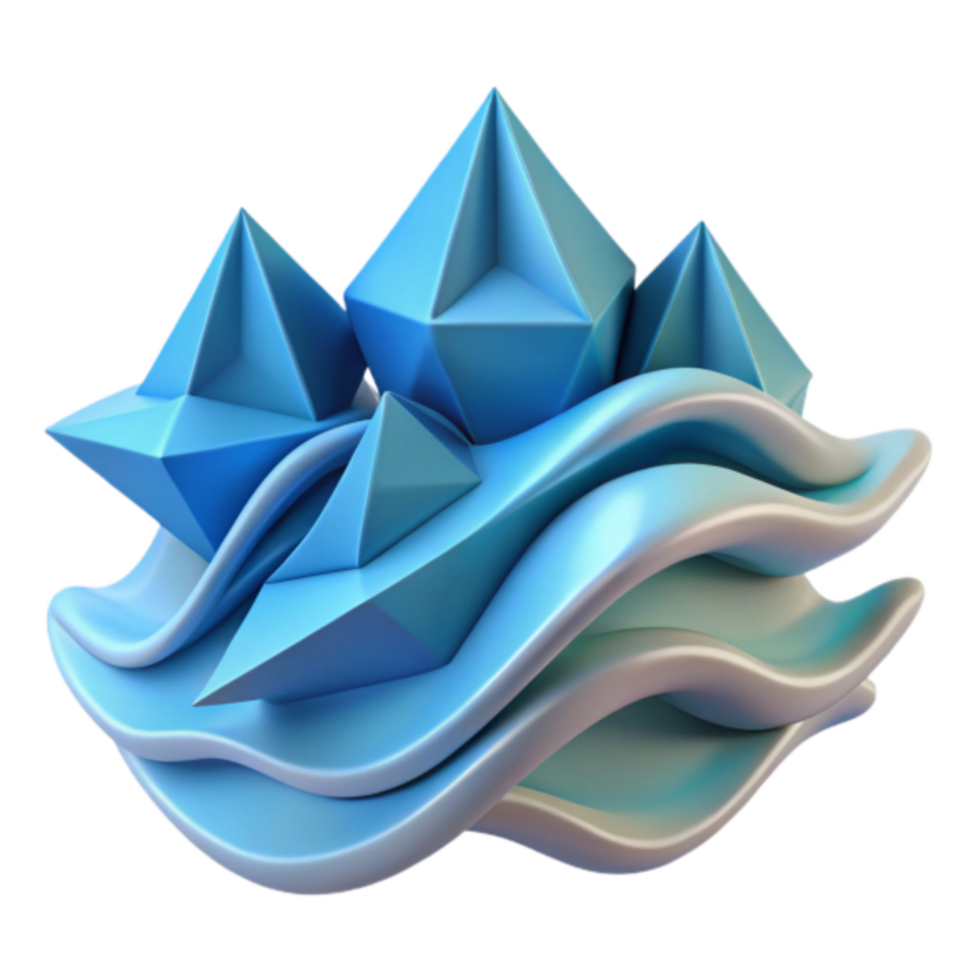 Abstract 3D Render Blue Crystals on Waves Background Image png