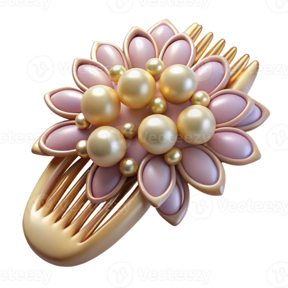 Golden Comb with Pink Flower and Pearls png