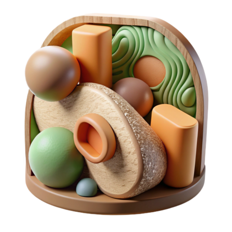 Abstract 3D Render of Wooden Frame with Pastel Spheres and Geometric Shapes png