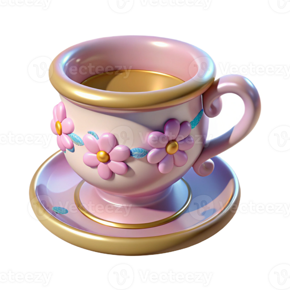 Isometric Rendered Teacup with Floral Design png