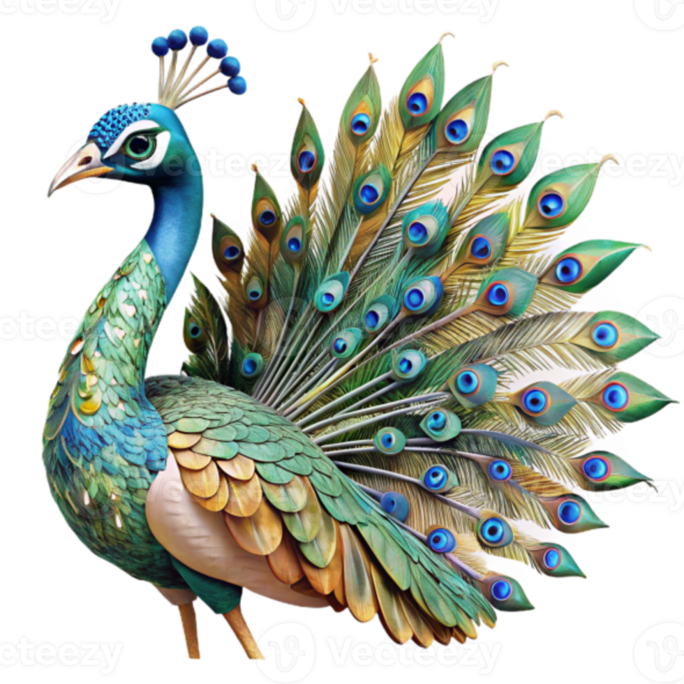 Vibrant Peacock Illustration Exquisite Tail Feathers Jewel Tones 3D Render png