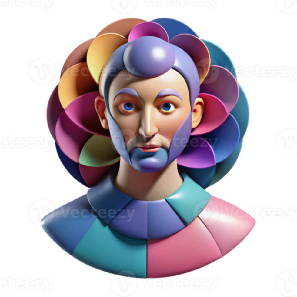 Colorful 3D Render of Abstract Bust Sculpture with Flower-like Headpiece png