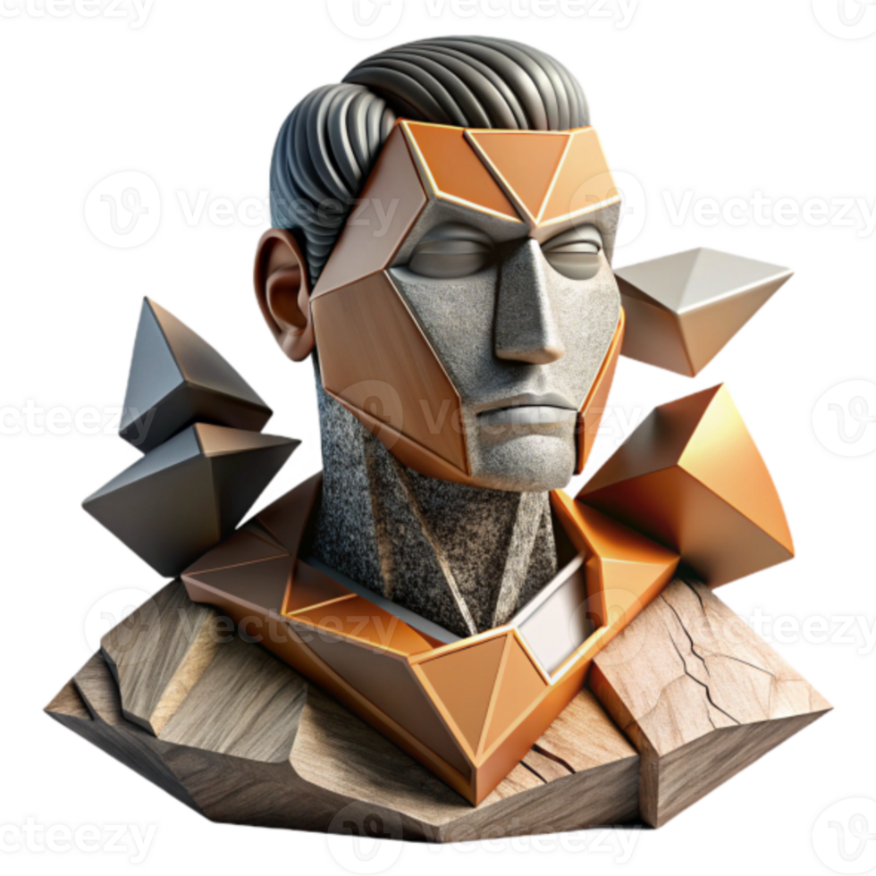 Abstract 3D Geometric Bust Sculpture Stone and Metal png