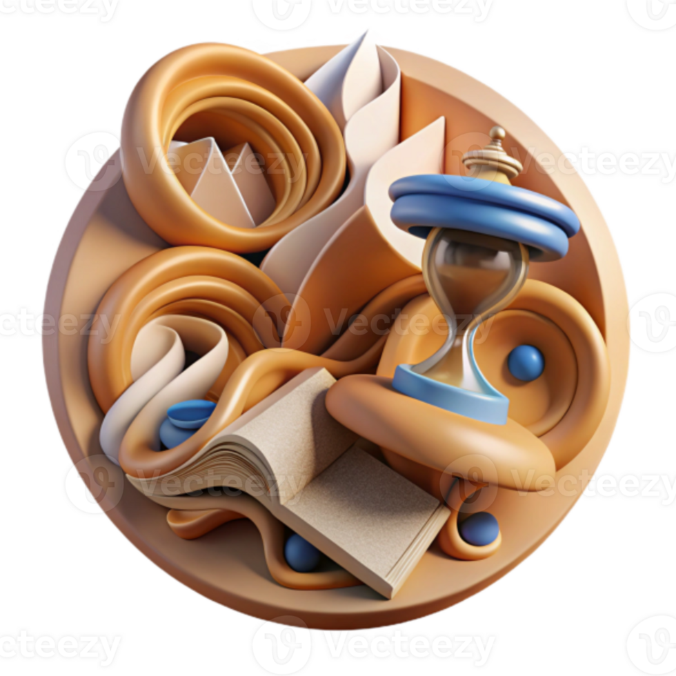 Abstract 3D Render of Book, Hourglass, and Swirling Forms png