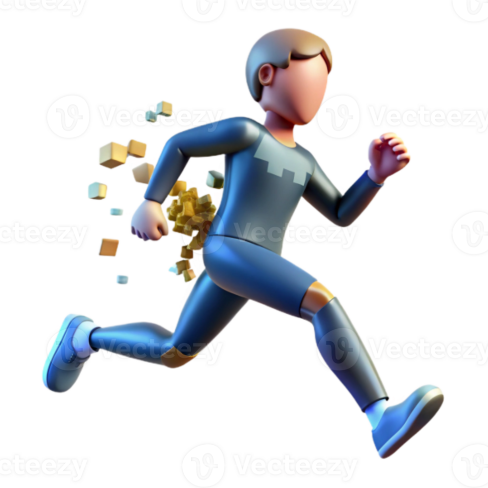 3D Illustration Running Figure Gold Cube Explosion Dynamic Action png