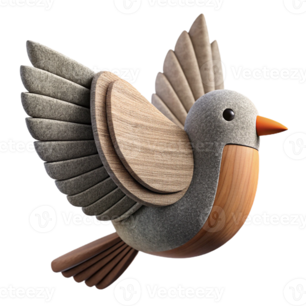 3D Render of a Wooden and Felt Bird in Flight png