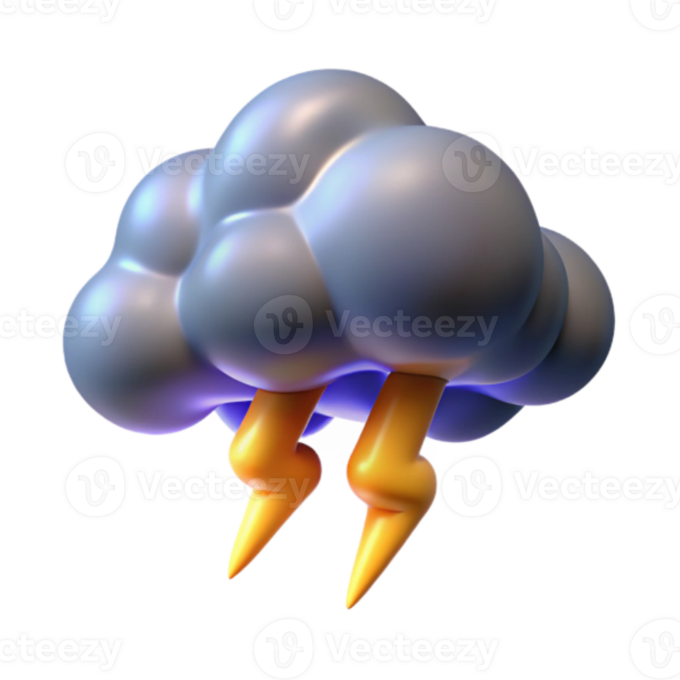 3D Cartoon Cloud with Lightning Bolts Illustration png