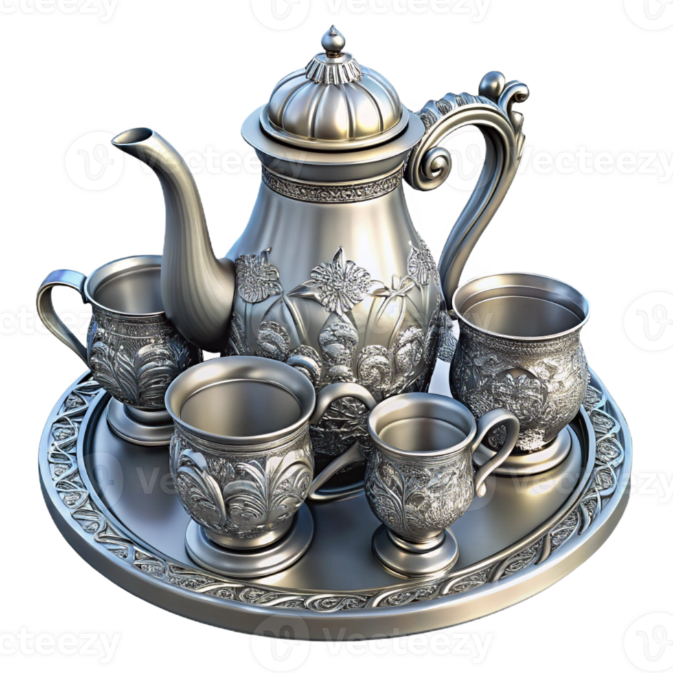 Silver Teapot and Cups Isometric Render png