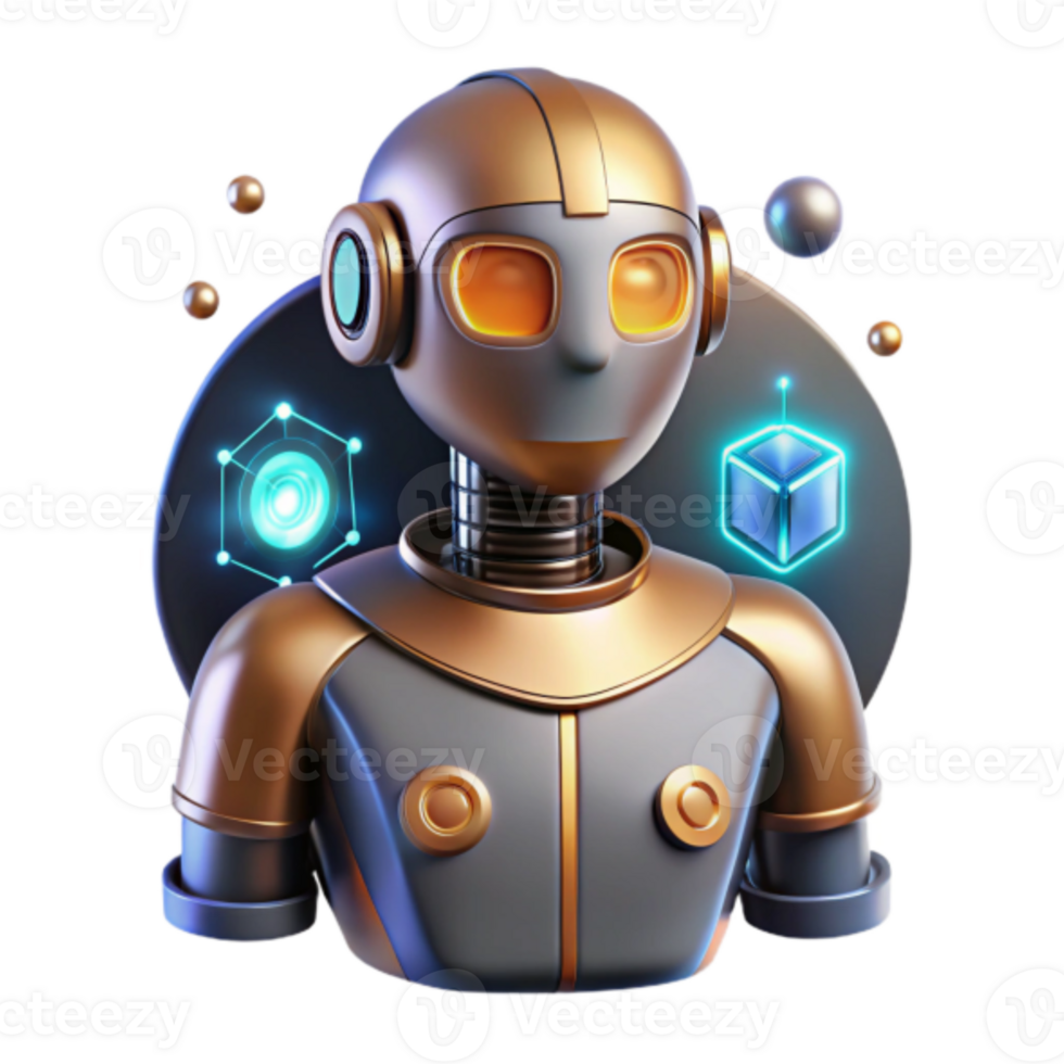 3D Render of a Futuristic Golden Robot Bust, Digital Illustration with Abstract Background png