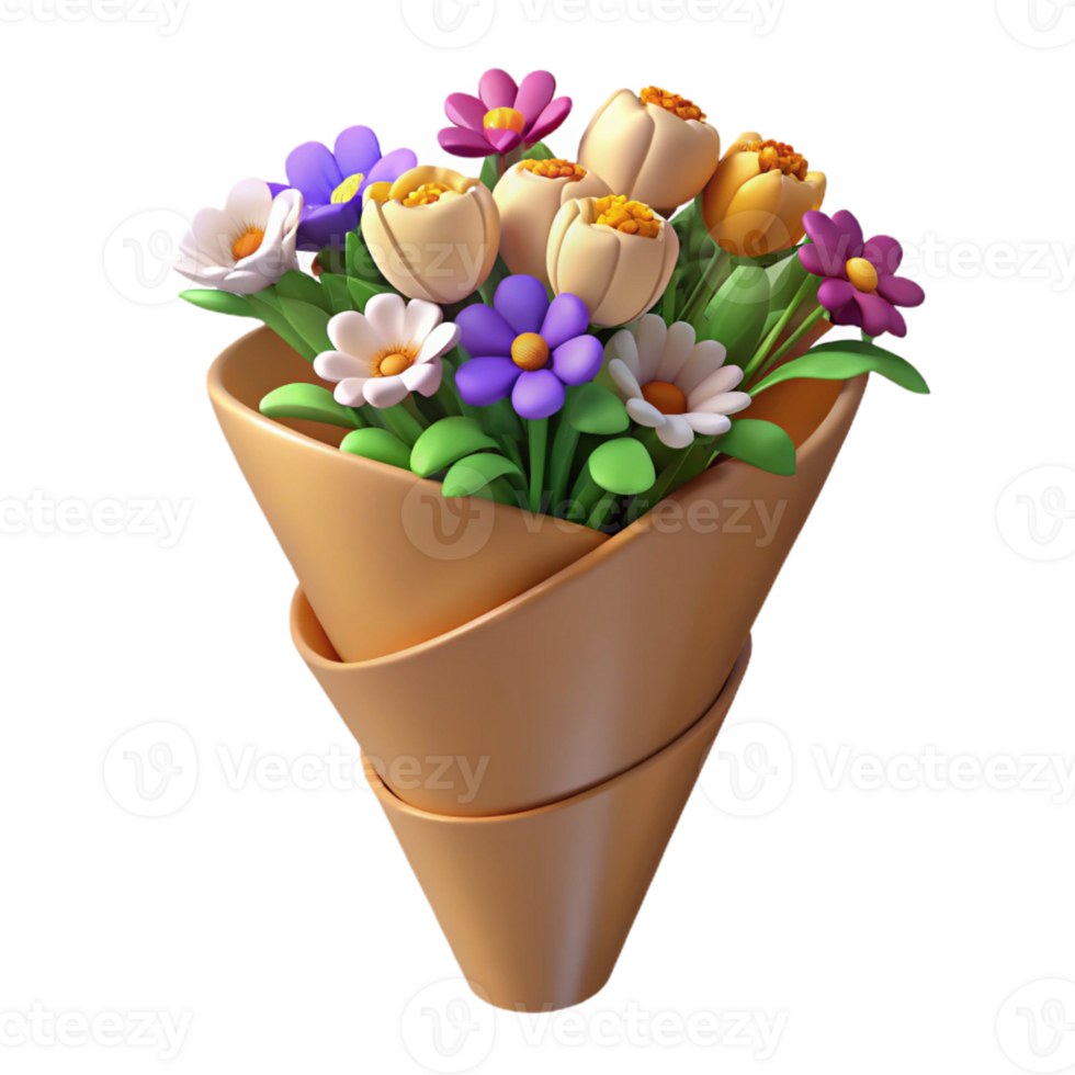 Isometric Rendered Bouquet of Colorful Flowers png