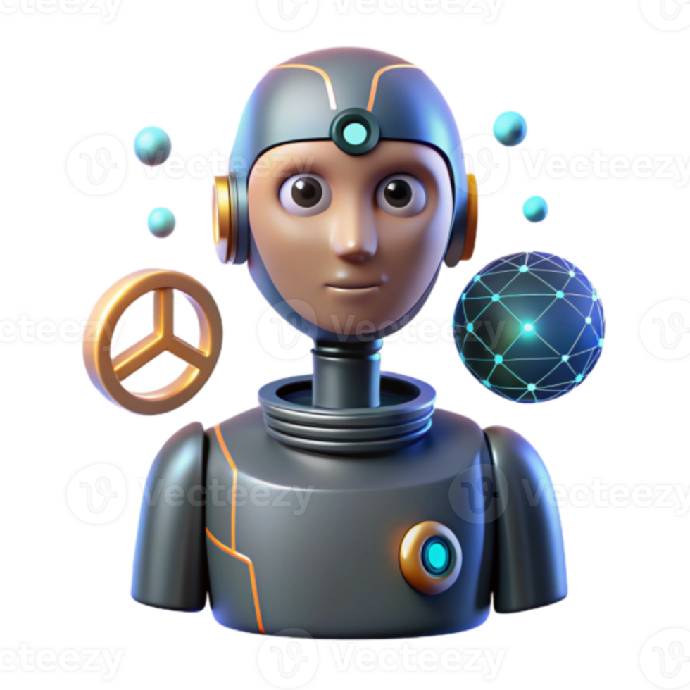 3D Render of Friendly Robot Avatar with Network Globe and Peace Symbol Illustration png
