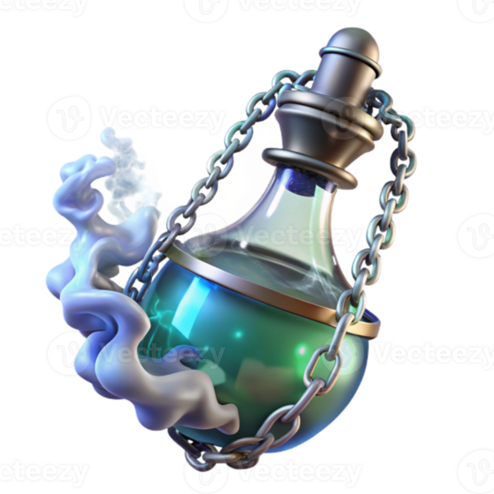 Enchanted Potion Bottle 3D Render Mystic Glass Flask with Chain and Vapor png