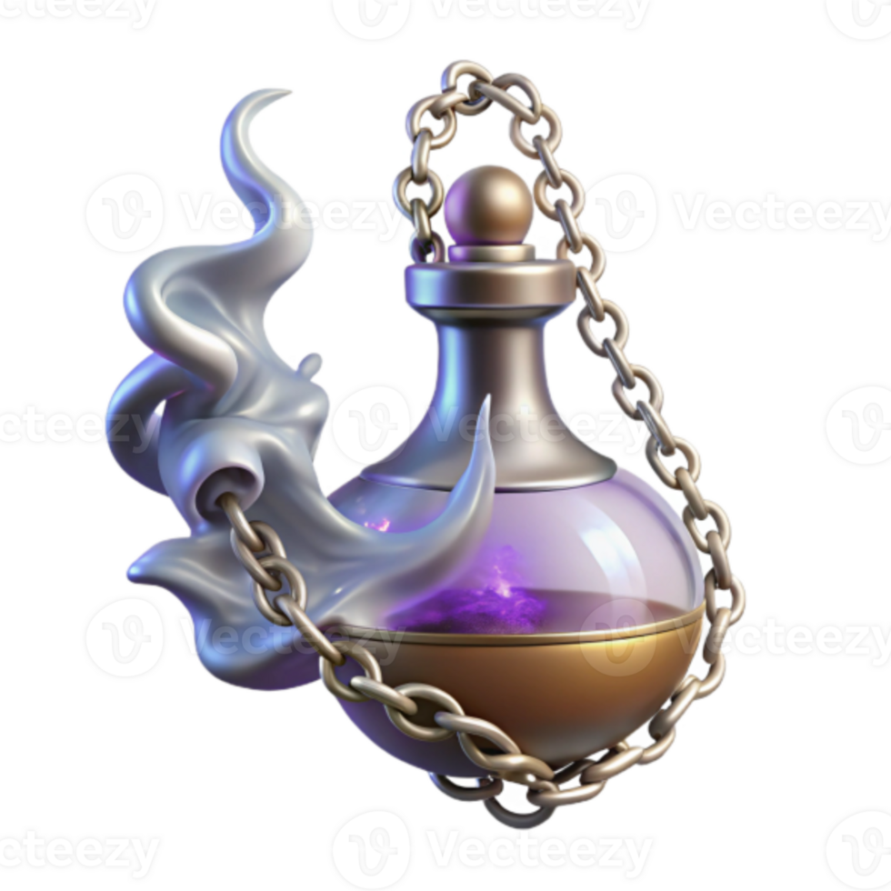 Enchanted Potion Bottle 3D Render- Fantasy Glass Flask with Glowing Liquid and Silver Chain png