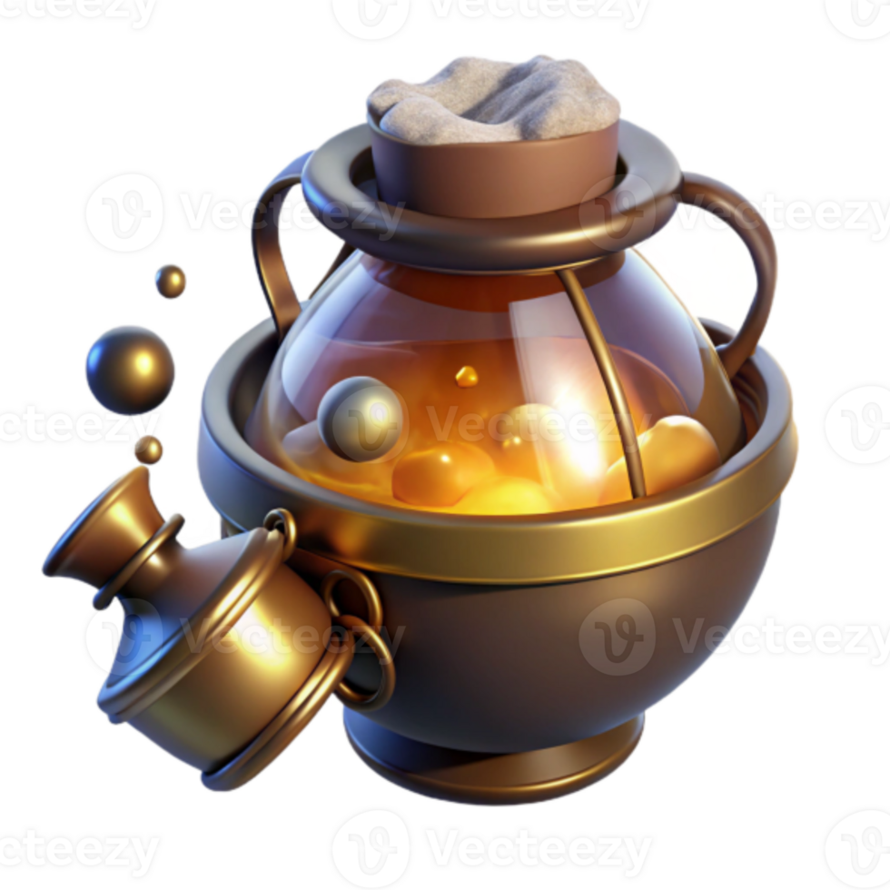 Golden Vessel 3D Render Magical Elixir Illustration with Glowing Particles png