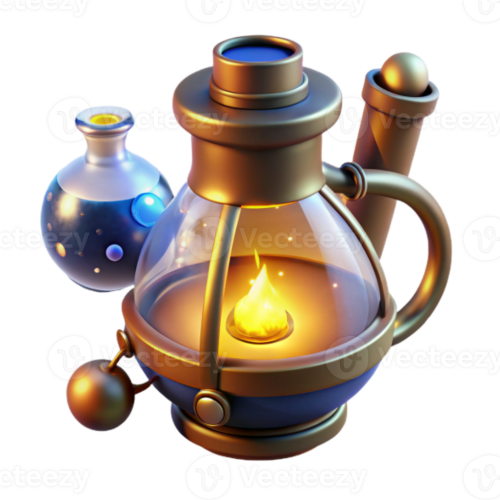 Magical 3D Render of Illuminated Glass Alchemy Lamp with Attached Flask png