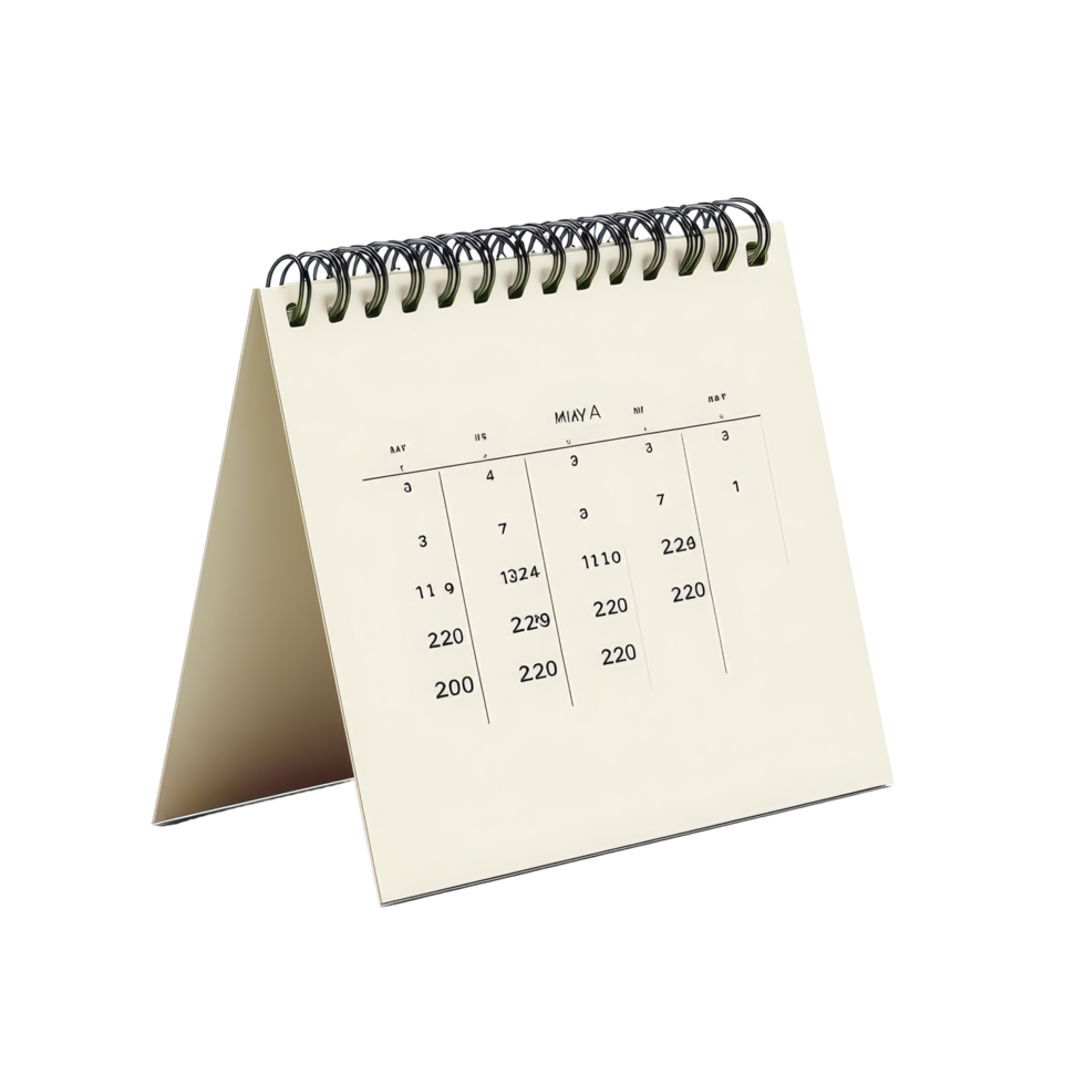 A simple table calendar displaying days and dates, perfect for office or home desk use on a transparent background, table calendar 2024 may isolated on transparent background png