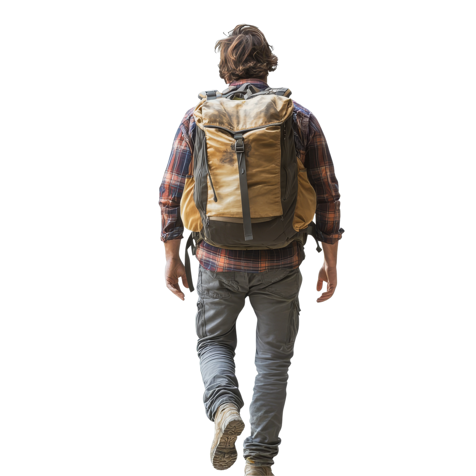 Male backpacker walking through a tranquil environment with a large backpack during daylight hours, male backpacker walking, back view, isolated transparent background png