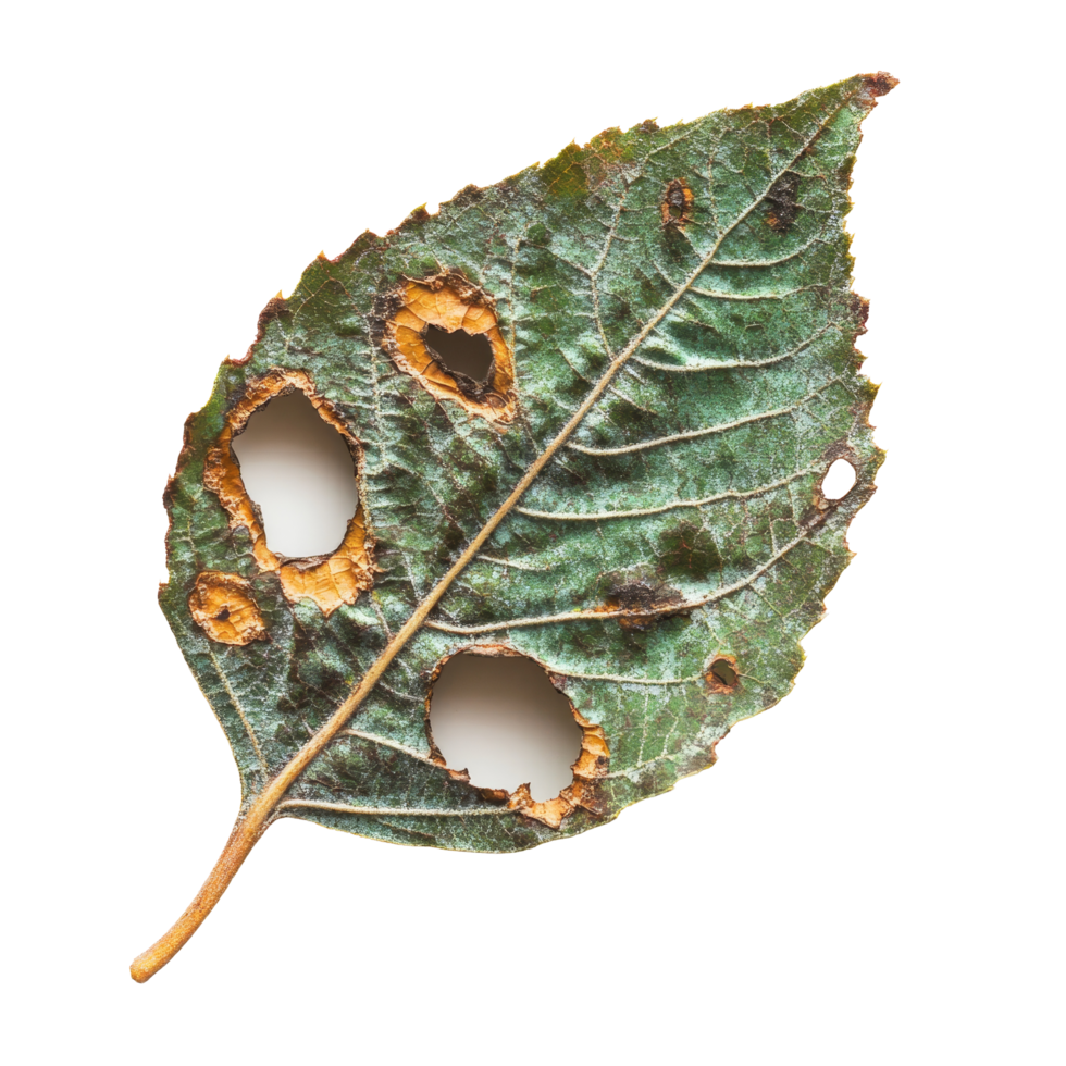 Holey leaf spot disease affecting plant leaves in a natural setting on an overcast day, leaf disease. holey leaf spot. leaf of a diseased plant on transparent backgroundfie png