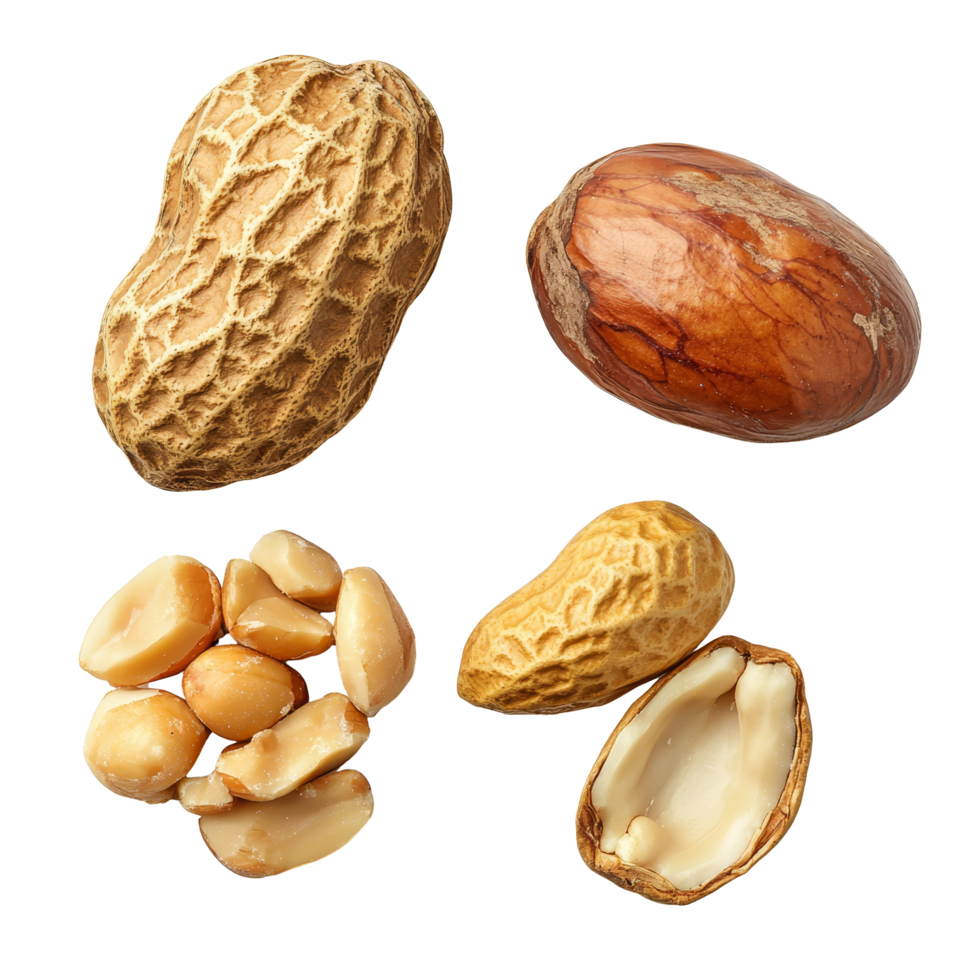 Whole, peeled, and unpeeled peanuts arranged on a transparent background, showcasing different peanut varieties, Peeled, unpeeled and whole shell peanuts isolated on transparent background png